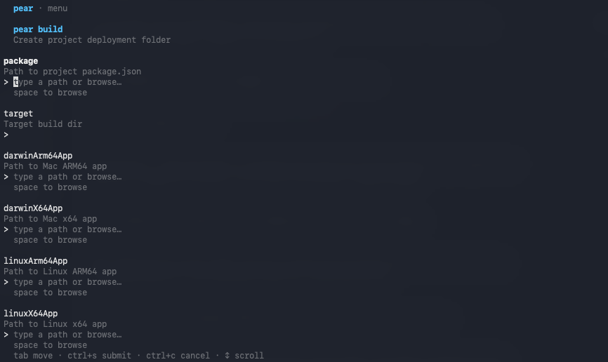 The interactive menu's generated form for pear build, one field per argument and flag